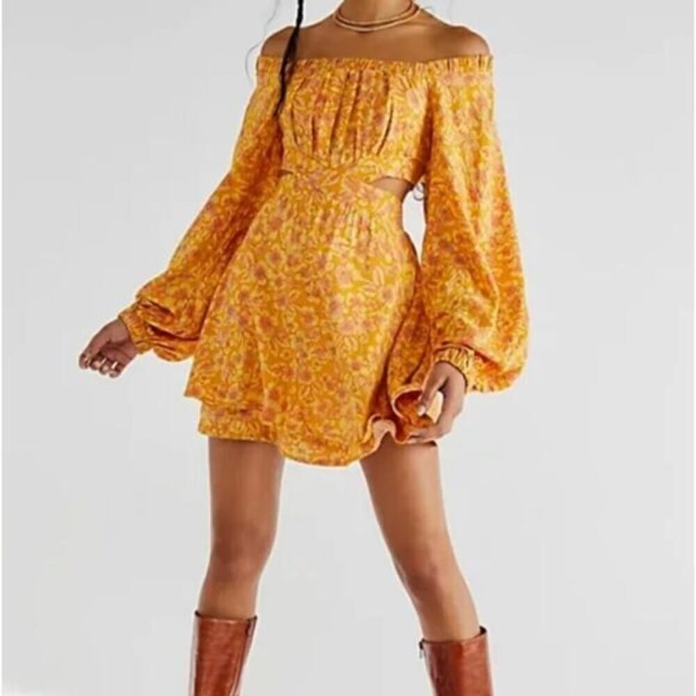 New! Free People Jeal Golden Floral Cut Out Back mini Dress, XS